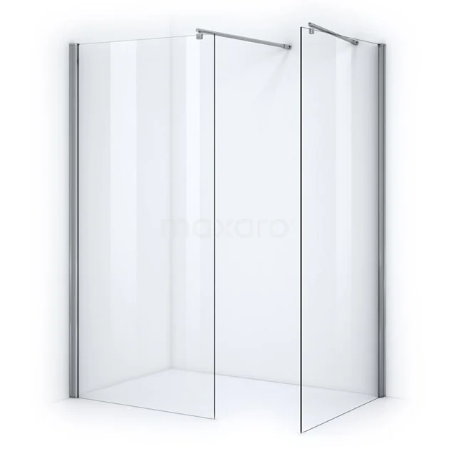 Duschwand-Set mit Eckaufstellung, Klarglas und Aluminiumprofilen, modernes Badezimmerdesign.