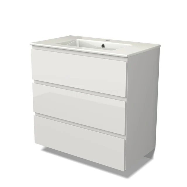 Modulo Vanity units with basin | 80 cm High-gloss white Handle-less front Ceramic 3 drawers BMW19-00129