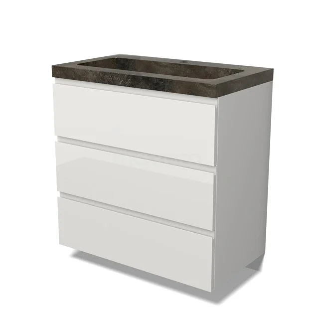 Badmöbel 80cm Modulo Hochglanz Weiß 3 Schubladen Griffloses Waschbecken Naturstein Blaustein BMW19-00135