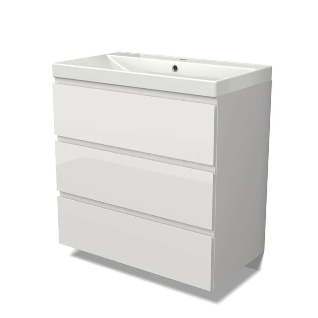 Modulo Vanity units with basin | 80 cm High-gloss white Handle-less front Ceramic 3 drawers BMW19-00140