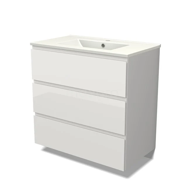 Modulo Vanity units with basin | 80 cm High-gloss white Handle-less front Ceramic 3 drawers BMW19-00142