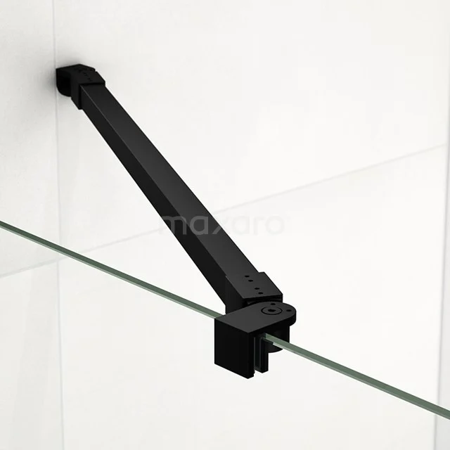 Black glass shower enclosure support in minimalist design, sleek matt finish for modern bathroom style.