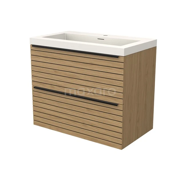 Modulo Bathroom furniture with sink | 80 cm Natural veneer Strip front Solid surface 2 Stacked drawers BMW17-05186