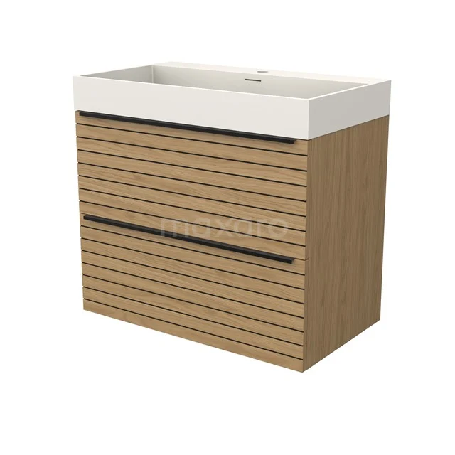 Modulo Bathroom furniture with sink | 80 cm Natural veneer Strip front Solid surface 2 Stacked drawers BMW17-05189