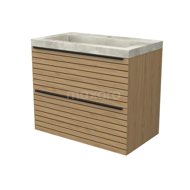 Modulo Vanity units with basin | 80 cm Natural veneer Strip front Concrete 2 Stacked drawers BMW17-05192
