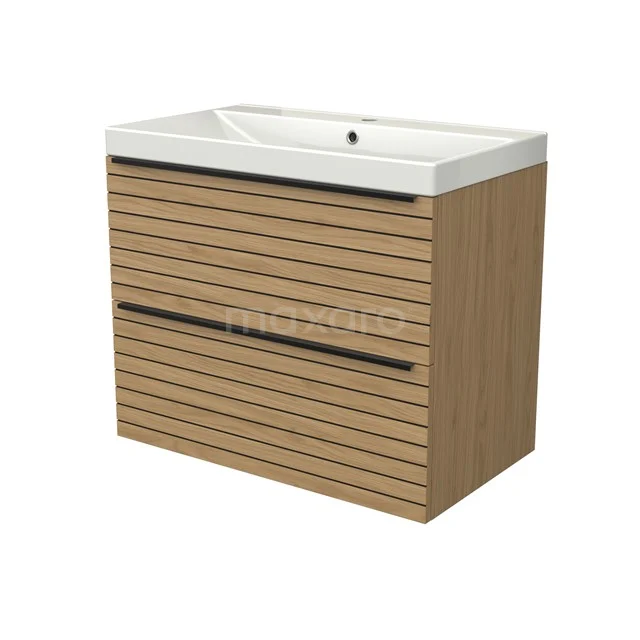 Modulo Vanity units with basin | 80 cm Natural veneer Strip front Ceramic 2 Stacked drawers BMW17-05193
