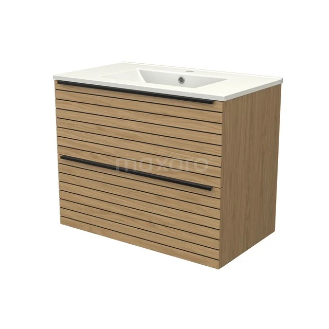 Modulo Vanity units with basin | 80 cm Natural veneer Strip front Ceramic 2 Stacked drawers BMW17-05195