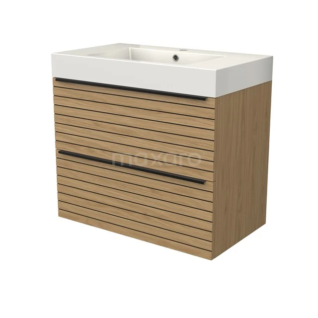 Modulo Vanity units with basin | 80 cm Natural veneer Strip front Mineral marble 2 Stacked drawers BMW17-05196