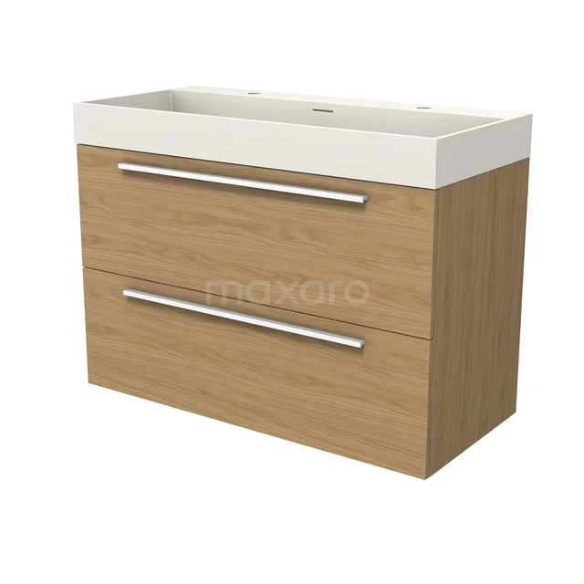 Modulo Vanity units with basin | 100 cm Natural veneer Flat front Solid surface 2 Stacked drawers BMW17-05211