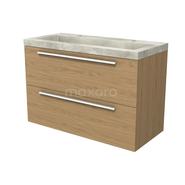 Modulo Vanity units with basin | 100 cm Natural veneer Flat front Concrete 2 Stacked drawers BMW17-05214