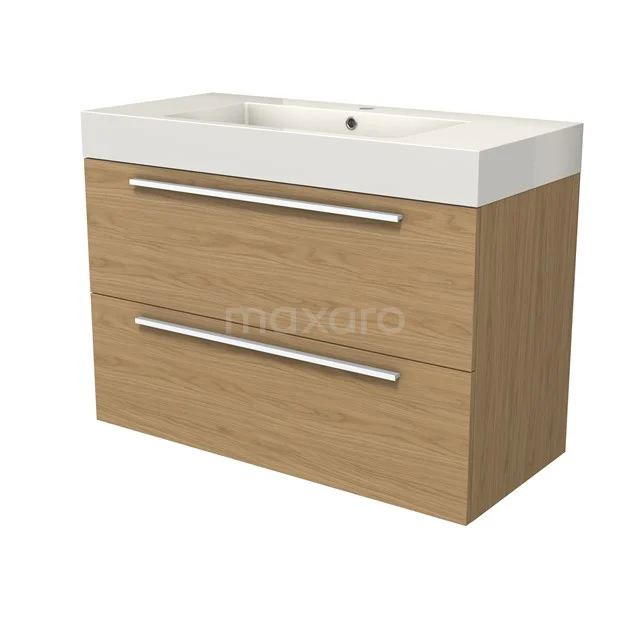 Modulo Bathroom furniture with sink | 100 cm Natural veneer Flat front Mineral marble 2 Stacked drawers BMW17-05218