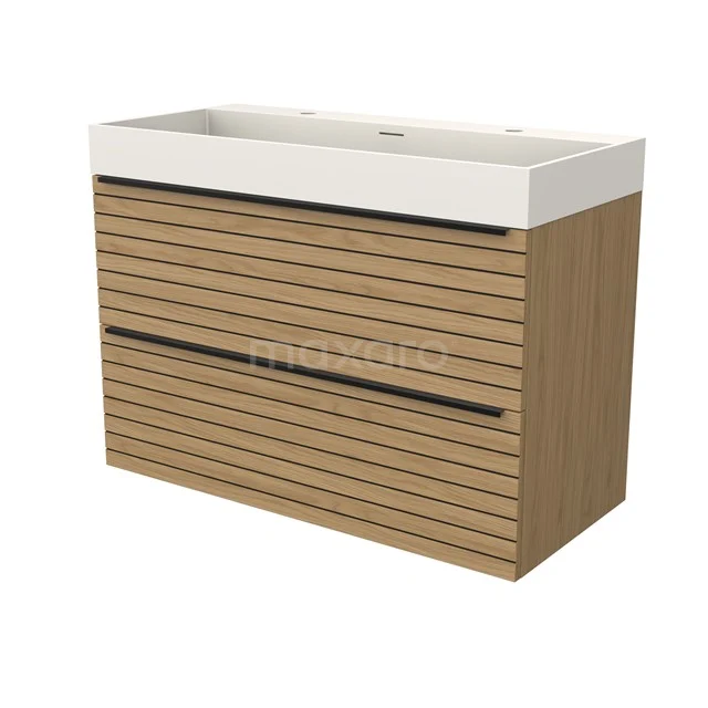 Modulo Vanity units with basin | 100 cm Natural veneer Strip front Solid surface 2 Stacked drawers BMW17-05233