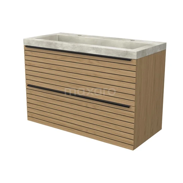 Modulo Bathroom furniture with sink | 100 cm Natural veneer Strip front Concrete 2 Stacked drawers BMW17-05236