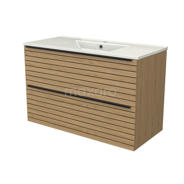 Modulo Vanity units with basin | 100 cm Natural veneer Strip front Ceramic 2 Stacked drawers BMW17-05238