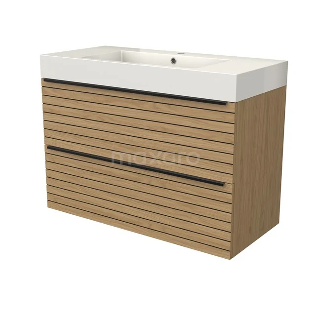 Modulo Vanity units with basin | 100 cm Natural veneer Strip front Mineral marble 2 Stacked drawers BMW17-05240