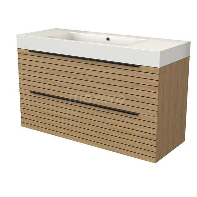 Modulo Vanity units with basin | 120 cm Natural veneer Strip front Mineral marble 2 Stacked drawers BMW17-05306