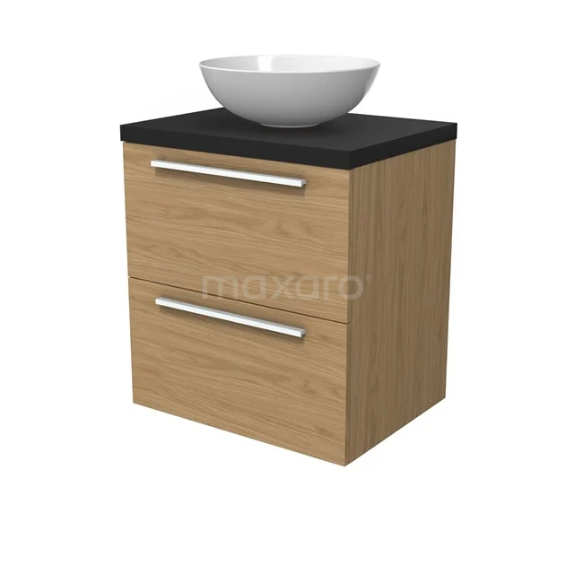 Modulo Plato Vanity units for countertop basin | 60 cm Natural veneer Flat front Matte black worktop 2 Stacked drawers BMK17-03121