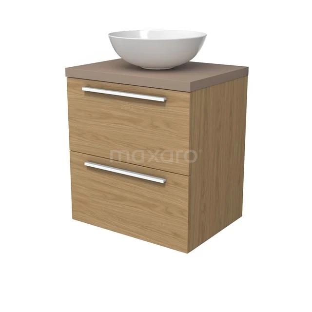 Modulo Plato Vanity units for countertop basin | 60 cm Natural veneer Flat front Taupe worktop 2 Stacked drawers BMK17-03122