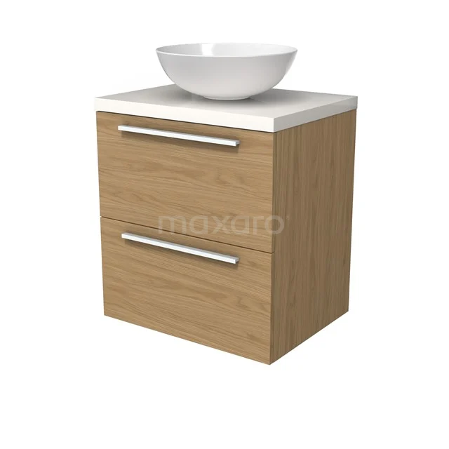 Modulo Plato Badmöbel mit Aufsatzwaschbecken | 60 cm Naturfurnier Flach front Hochglanz Weiß blatt 2 übereinanderliegende Schubladen BMK17-03124