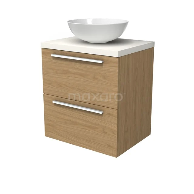 Modulo Plato Badmöbel mit Aufsatzwaschbecken | 60 cm Naturfurnier Flach front Matt Weiß blatt 2 übereinanderliegende Schubladen BMK17-03125