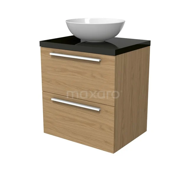 Modulo Plato Badmöbel mit Aufsatzwaschbecken | 60 cm Naturfurnier Flach front Hochglanz Schwarz blatt 2 übereinanderliegende Schubladen BMK17-03127