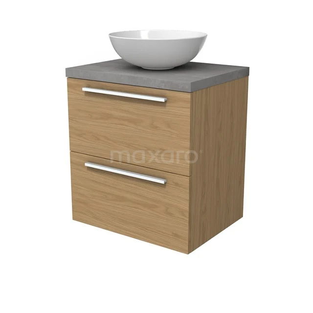 Modulo Plato Badmöbel mit Aufsatzwaschbecken | 60 cm Natürliches Furnier Flach front Hellgrauer Beton blatt 2 übereinanderliegende Schubladen BMK17-03129