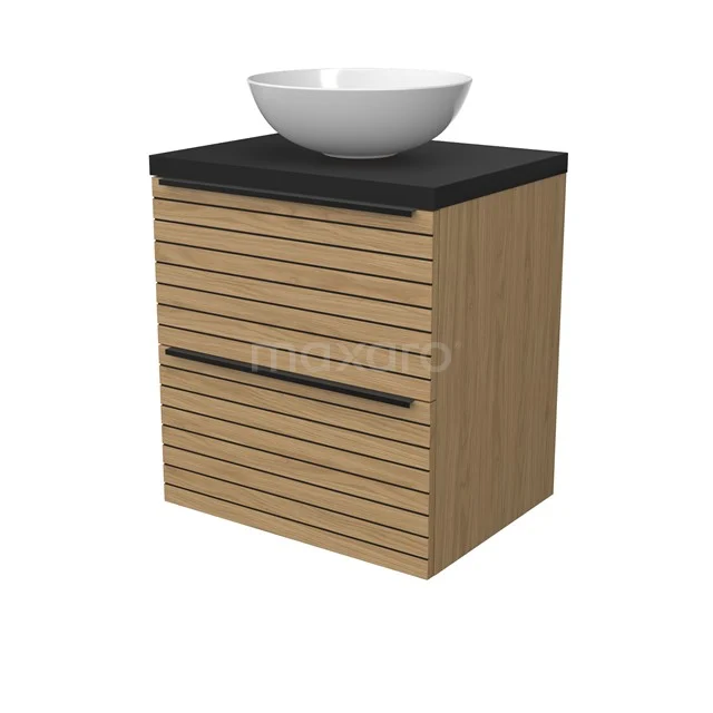 Modulo Plato Badmöbel mit Aufsatzwaschbecken | 60 cm Naturfurnier Streifen front Matt Schwarz blatt 2 übereinanderliegende Schubladen BMK17-03132