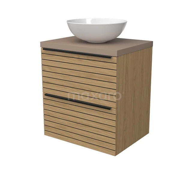 Modulo Plato Vanity units for countertop basin | 60 cm Natural veneer Strip front Taupe worktop 2 Stacked drawers BMK17-03133