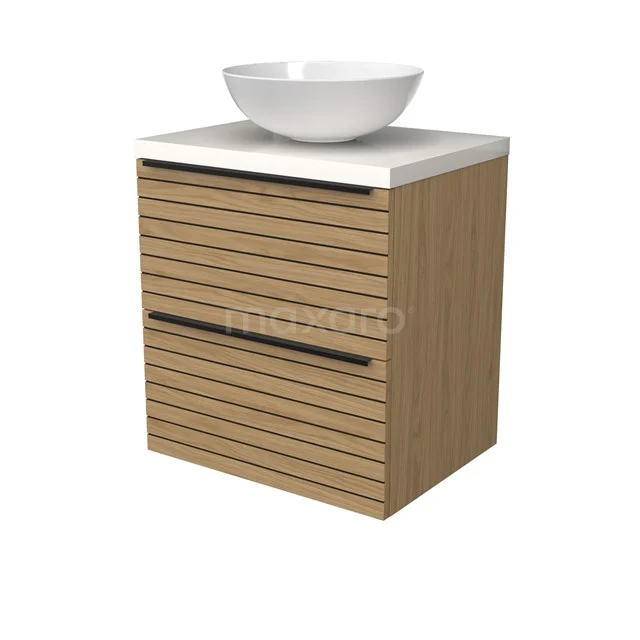 Modulo Plato Badmöbel mit Aufsatzwaschbecken | 60 cm Natürliches Furnier Streifen front Hochglanz Weiß blatt 2 übereinanderliegende Schubladen BMK17-03135