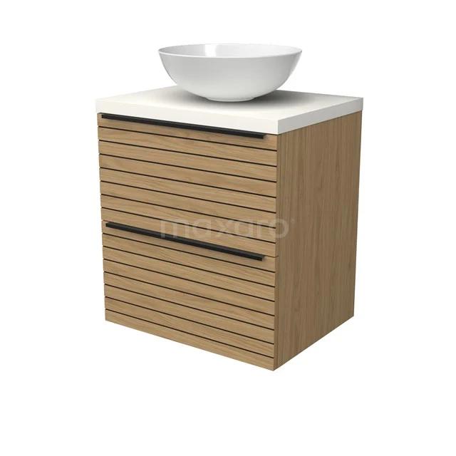 Modulo Plato Vanity units for countertop basin | 60 cm Natural veneer Strip front Matte white worktop 2 Stacked drawers BMK17-03136