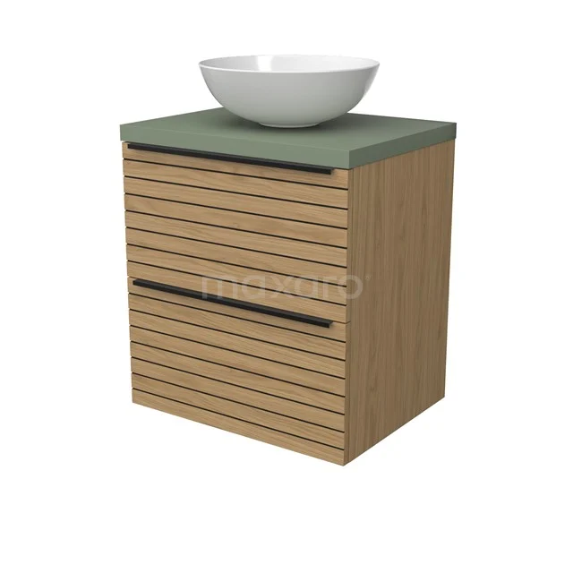 Modulo Plato Vanity units for countertop basin | 60 cm Natural veneer Strip front Sage green worktop 2 Stacked drawers BMK17-03139
