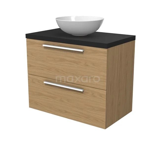 Modulo Plato Badmöbel mit Aufsatzwaschbecken | 80 cm Natürliches Furnier Flach front Matt Schwarz blatt 2 übereinanderliegende Schubladen BMK17-03143