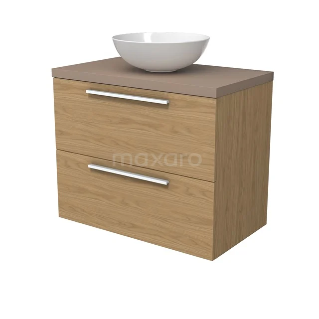 Modulo Plato Badmöbel mit Aufsatzwaschbecken | 80 cm Naturfurnier Flach front Taupe blatt 2 übereinanderliegende Schubladen BMK17-03144