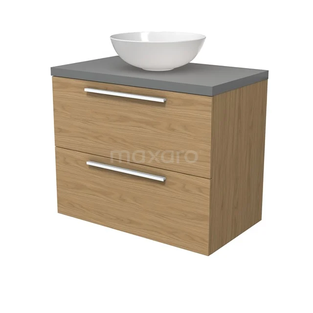 Modulo Plato Badmöbel mit Aufsatzwaschbecken | 80 cm Natürliches Furnier Flach front Mittelgrau blatt 2 übereinanderliegende Schubladen BMK17-03145