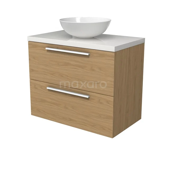 Modulo Plato Badmöbel mit Aufsatzwaschbecken | 80 cm Natürliches Furnier Flach front Hochglanz Weiß blatt 2 übereinanderliegende Schubladen BMK17-03146