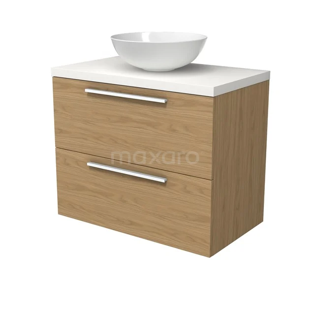 Modulo Plato Vanity units for countertop basin | 80 cm Natural veneer Flat front Matte white worktop 2 Stacked drawers BMK17-03147