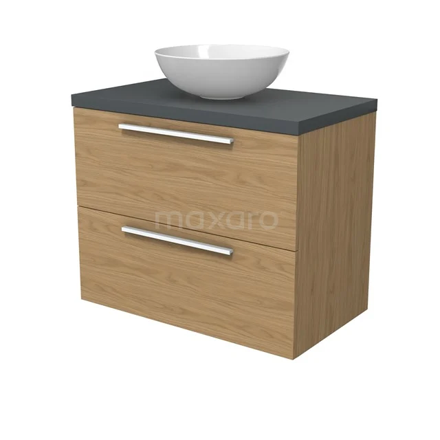 Modulo Plato Badmöbel mit Aufsatzwaschbecken | 80 cm Natürliches Furnier Flach front Dunkelgrau blatt 2 übereinanderliegende Schubladen BMK17-03148