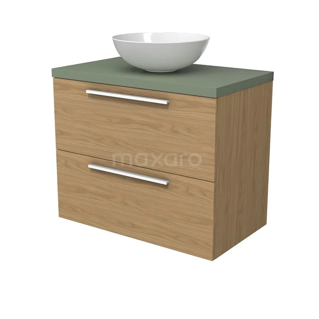 Modulo Plato Badmöbel mit Aufsatzwaschbecken | 80 cm Naturfurnier Flach front Salbeigrün blatt 2 übereinanderliegende Schubladen BMK17-03150