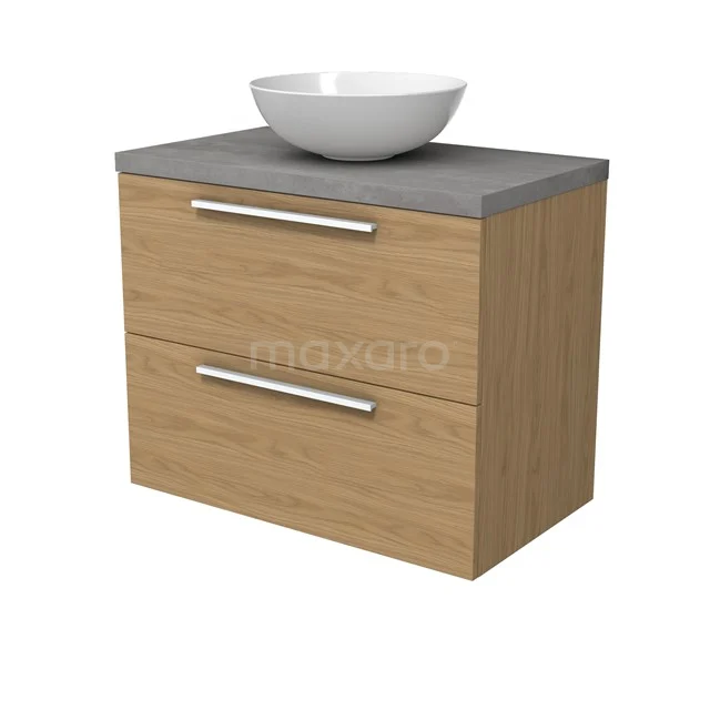 Modulo Plato Badmöbel mit Aufsatzwaschbecken | 80 cm Natürliches Furnier Flach front Hellgrauer Beton blatt 2 übereinanderliegende Schubladen BMK17-03151