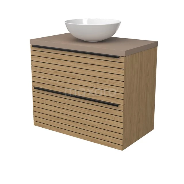 Modulo Plato Vanity units for countertop basin | 80 cm Natural veneer Strip front Taupe worktop 2 Stacked drawers BMK17-03155