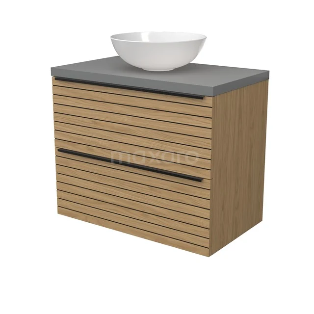 Modulo Plato Badmöbel mit Aufsatzwaschbecken | 80 cm Natürliches Furnier Streifen front Mittelgrau blatt 2 übereinanderliegende Schubladen BMK17-03156