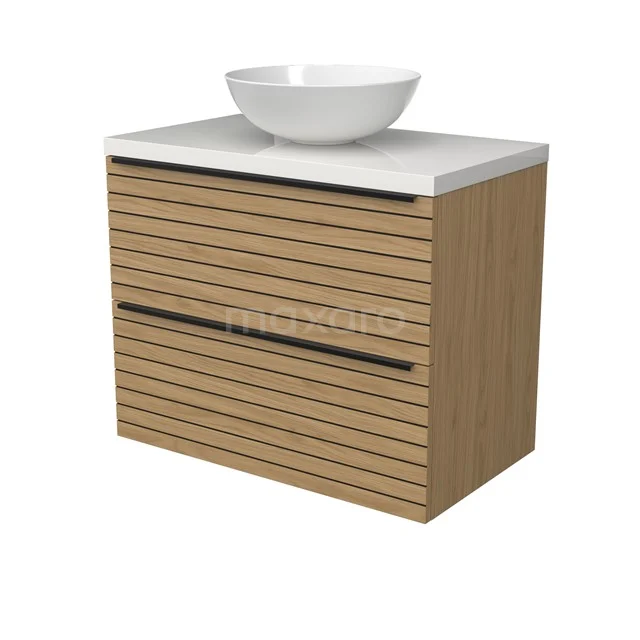 Modulo Plato Badmöbel mit Aufsatzwaschbecken | 80 cm Naturfurnier Streifen front Hochglanz Weiß blatt 2 übereinanderliegende Schubladen BMK17-03157