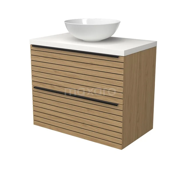 Modulo Plato Badmöbel mit Aufsatzwaschbecken | 80 cm Natürliches Furnier Streifen front Matt Weiß blatt 2 übereinanderliegende Schubladen BMK17-03158