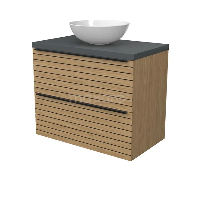 Modulo Plato Badmöbel mit Aufsatzwaschbecken | 80 cm Naturfurnier Streifen front Dunkelgrau blatt 2 übereinanderliegende Schubladen BMK17-03159