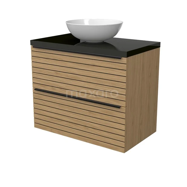 Modulo Plato Badmöbel mit Aufsatzwaschbecken | 80 cm Natürliches Furnier Streifen front Hochglanz Schwarz blatt 2 übereinanderliegende Schubladen BMK17-03160