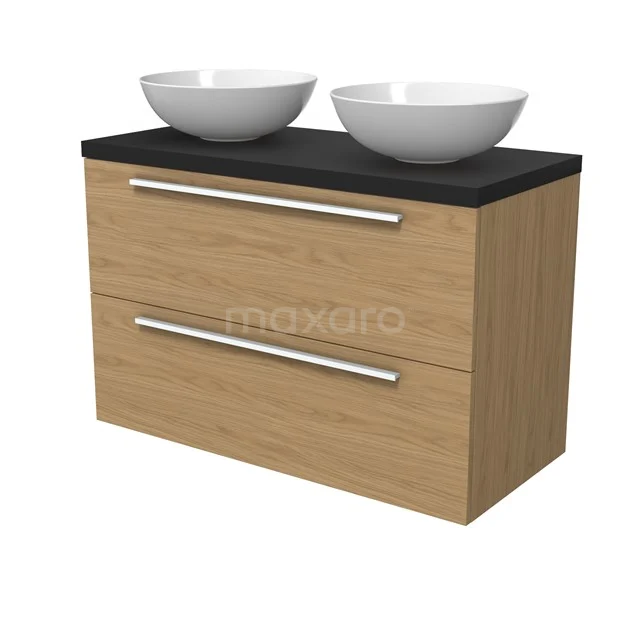 Modulo Plato Badmöbel mit Aufsatzwaschbecken | 100 cm Naturfurnier Flach front Matt Schwarz blatt 2 übereinanderliegende Schubladen BMK17-03165