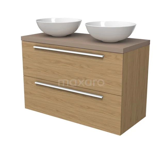 Modulo Plato Badmöbel mit Aufsatzwaschbecken | 100 cm Naturfurnier Flach front Taupe blatt 2 übereinanderliegende Schubladen BMK17-03166