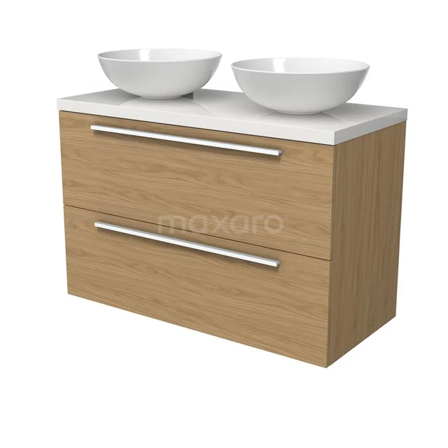 Modulo Plato Badmöbel mit Aufsatzwaschbecken | 100 cm Naturfurnier Flach front Hochglanz Weiß blatt 2 übereinanderliegende Schubladen BMK17-03168