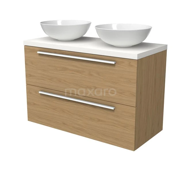 Modulo Plato Badmöbel mit Aufsatzwaschbecken | 100 cm Naturfurnier Flach front Matt Weiß blatt 2 übereinanderliegende Schubladen BMK17-03169