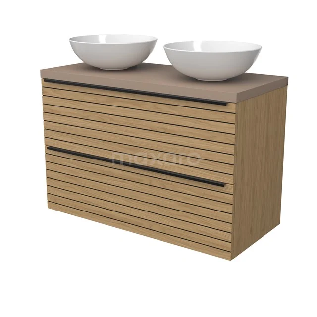 Modulo Plato Badmöbel mit Aufsatzwaschbecken | 100 cm Naturfurnier Streifen front Taupe blatt 2 übereinanderliegende Schubladen BMK17-03177